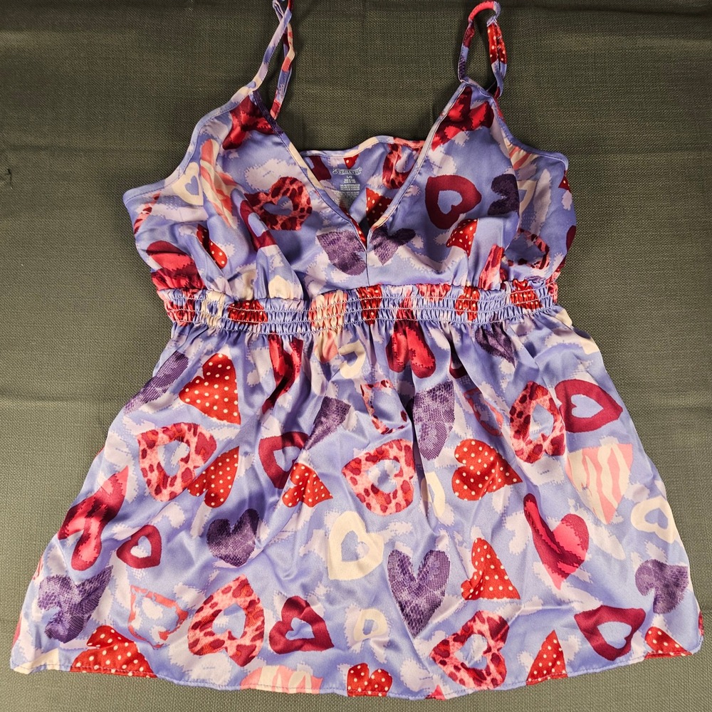 Enchanting Purple Heart Print Satin Pajama Set Camisole Shorts Womens Large L - Picture 5 of 8
